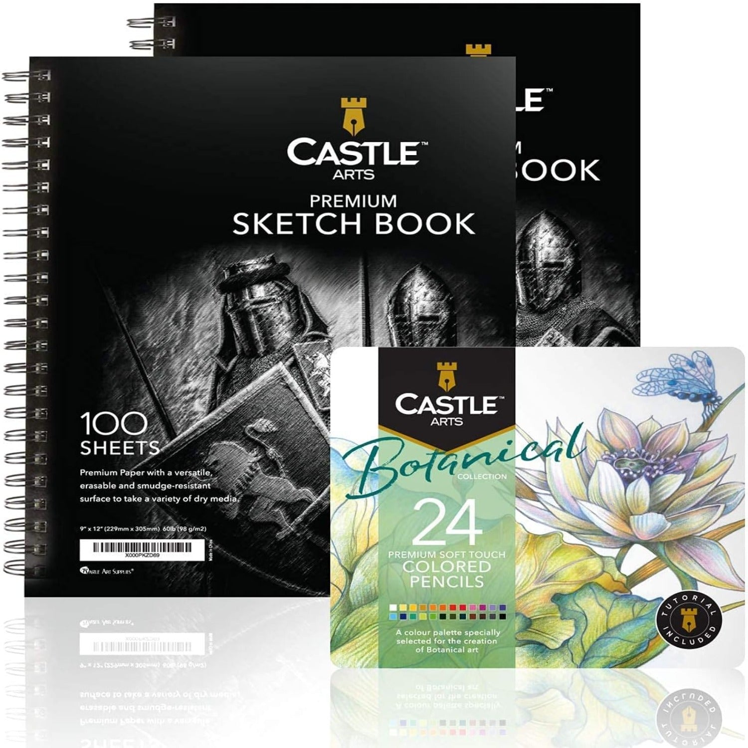 24 Piece Botanical Coloured Pencils Set & 2 Sketchbooks Artist Bundle